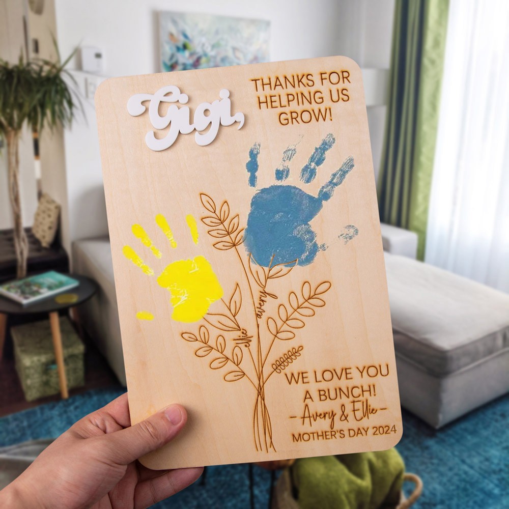 Personalisiertes DIY-Handabdruck-Schild, Holz-Handabdruck-Schild mit Blumen, kreatives Geschenk, Heimdekoration, Danke, dass Sie uns beim Wachsen helfen, Muttertagsgeschenk