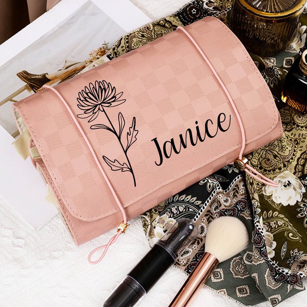 Personalisierte Kosmetik-Reisetaschen mit Namen und Geburtsblume, faltbarer Make-up-Organizer, Schminktasche, hängende Kulturtasche für Frauen, Weekender-Tasche