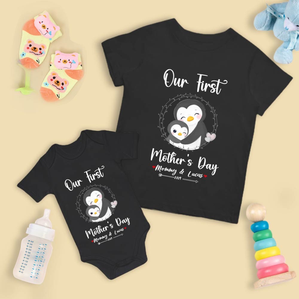Our First Mother's Day Mom and Baby Set/Matching Shirt, Mummy and Baby Gift, Mama Baby Penguins, T-shirt Bodysuit Romper Babygrow Vest Set, New Mom Gift, Mother's Day Gift