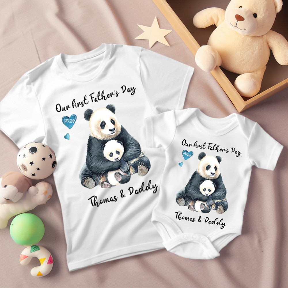 Personliga Panda föräldra- och barnskjortor, vår första fars dagskjorta, pandaskjorta, matchande skjortor för far och bebis i bomull, farsdagspresent till pappa