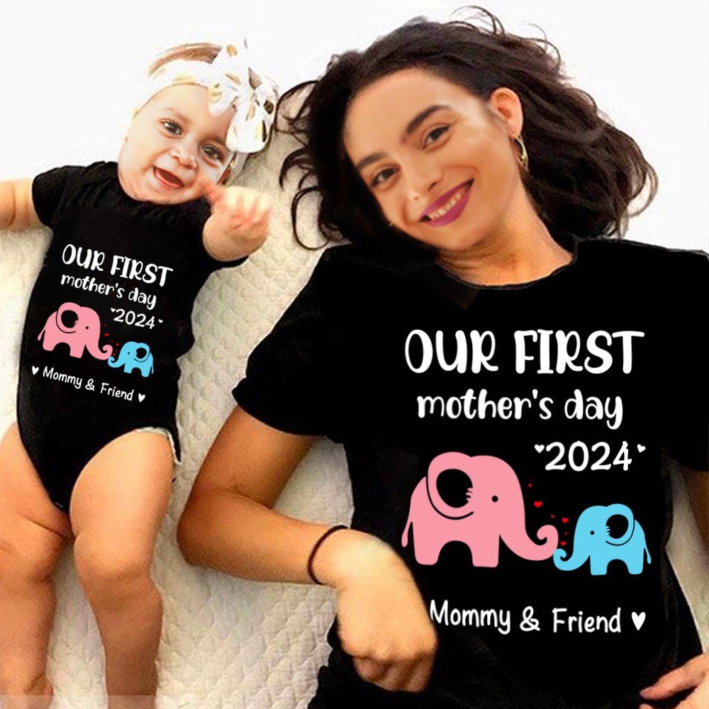 Personalized Animals/Pattern T-shirt and Baby Onesie, Our First Mother's Day Mom and Baby Set 100% Cotton, Holiday Party Gift for Newborn New Mom