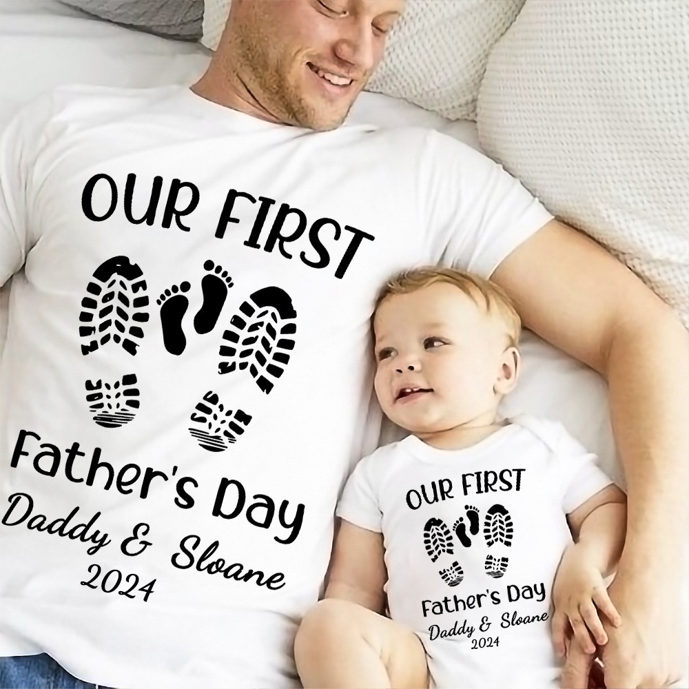 Personalized Name Footprint Parent-Child Shirts, Father Son Matching Shirts, Cotton T-Shirt and Bodysuit, Father's Day Gift, Gift for Dad/Newborn/Baby
