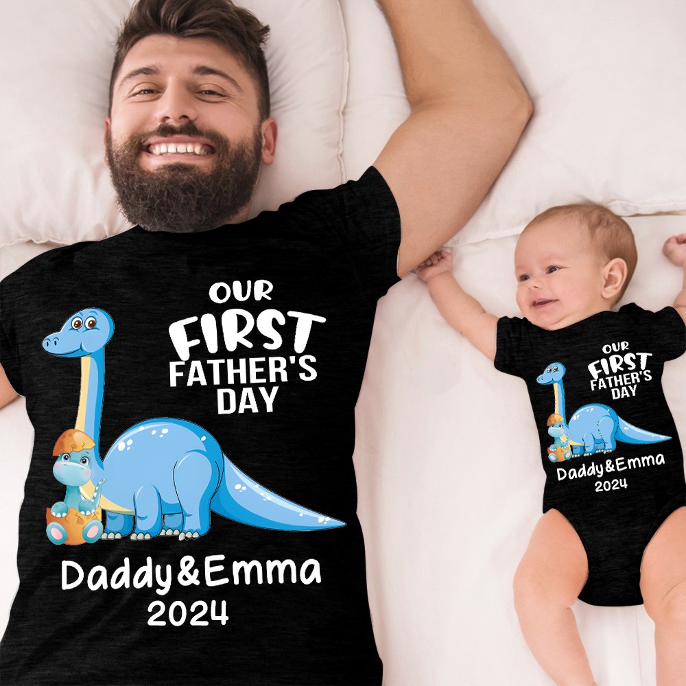 Nom de Brachiosaurus personnalisé T-shirts parent-enfant, notre première chemise de fête des pères, chemises assorties en coton père et bébé, cadeau pour papa/grand-père