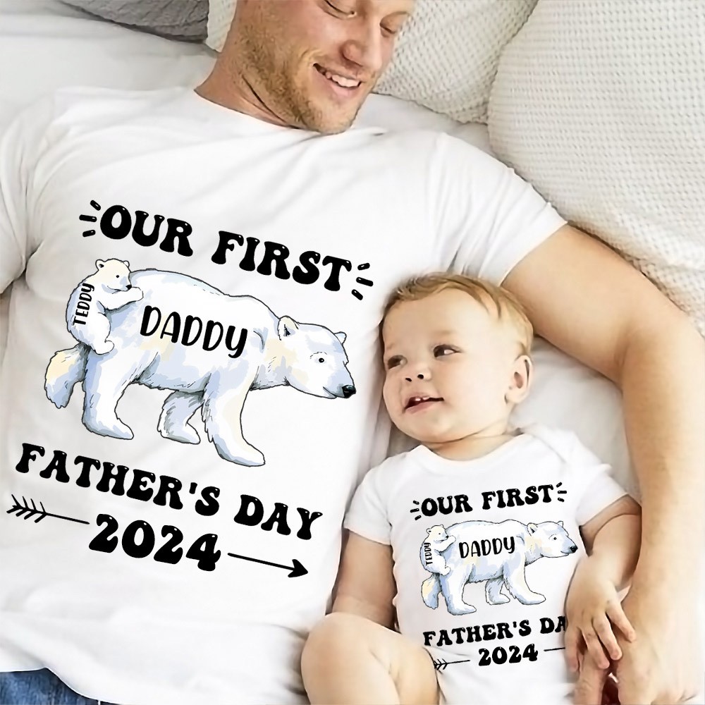 Gepersonaliseerde Daddy Polar Bear &amp; Baby Polar Bear T-Shirt, Ons eerste Vaderdag Shirt, Polar Bear Shirts, Cotton Matching Shirt, Cadeau voor papa/pasgeboren