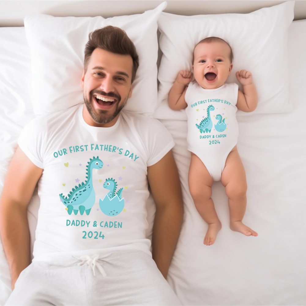 Aangepaste dinosaurus naam ouder-kind shirt, ons eerste vaderdag shirt, katoenen vader&amp;baby body, verjaardag/vader's cadeau voor papa/opa