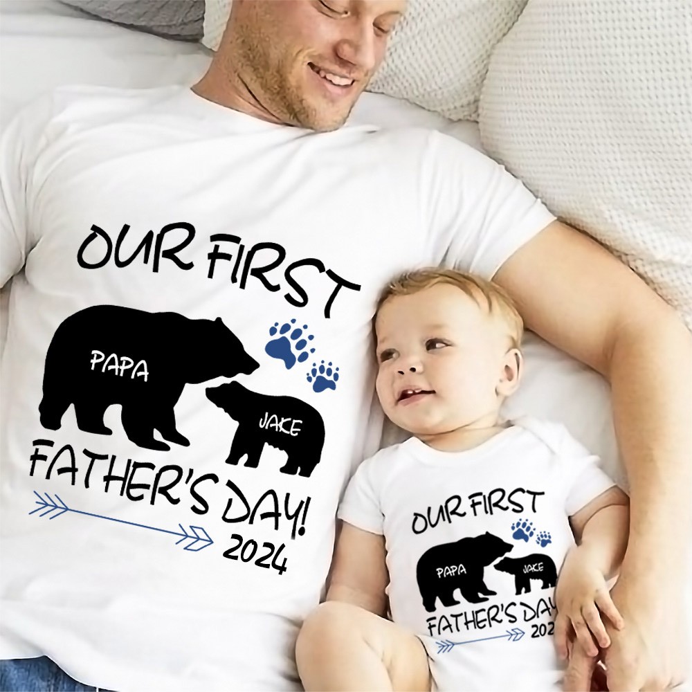 Custom Daddy Bear &amp; Baby Bear T-shirt, ons eerste vaderdagshirt, familiecadeau, katoenen bijpassende shirt, vaderdagcadeau, cadeau voor papa/baby