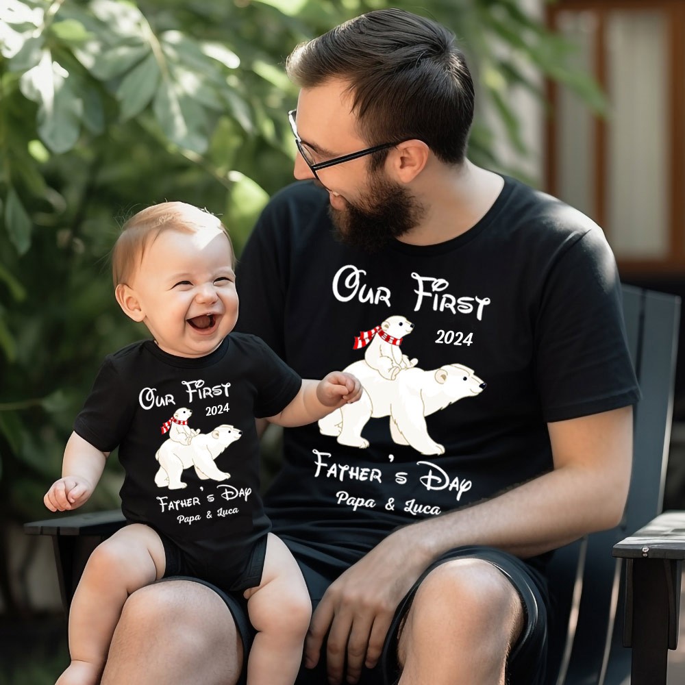 Ours polaire personnalisé T-shirt et barboteuses pour bébé, notre première chemise de fête des pères, cadeau de famille, chemise assortie en coton, cadeau de fête des pères, cadeau pour papa/bébé