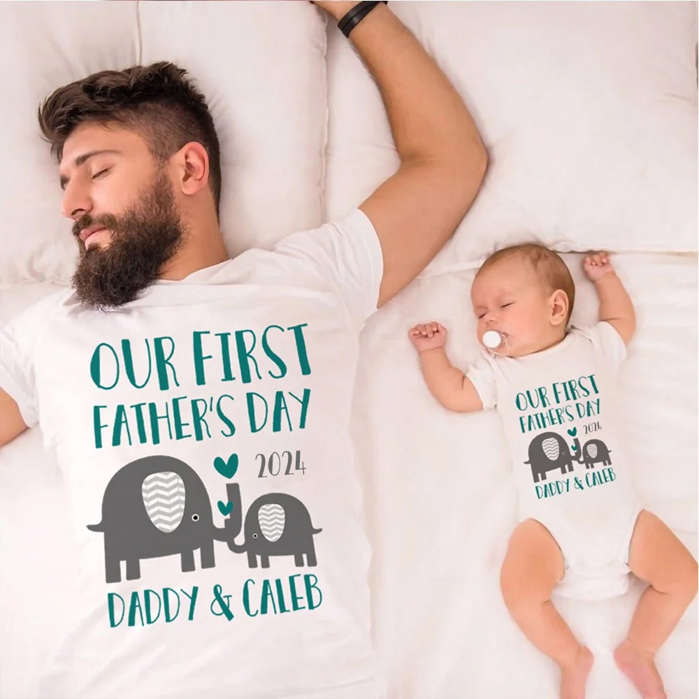 Personalized Elephant Parent-Child Shirts, Our First Father's Day Shirt, Elephant Shirt, Cotton Father & Baby Matching Shirts, Gift for Dad/Grandpa