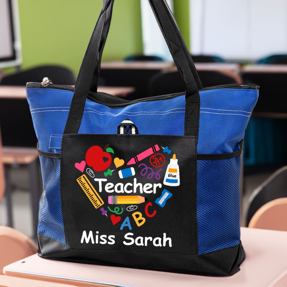 Sac fourre-tout personnalisé Teacher Heart ABC, grand sac en toile zippé avec poche en filet, cadeau paraprofessionnel, Noël/fête des enseignants/cadeau d'anniversaire pour les femmes