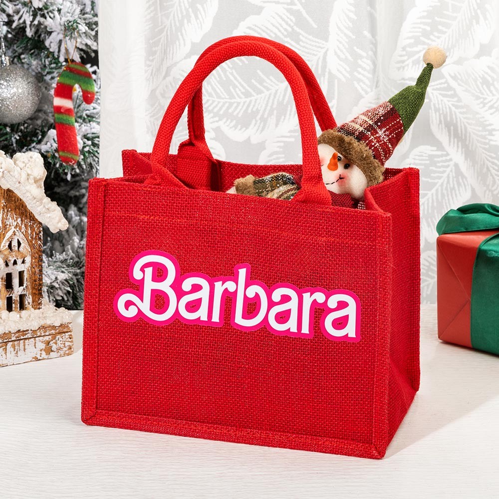 Personalized Red Gift Bags, Christmas Reusable Bags, Cute Pink Doll Tote Bags with Handles, Large Gift Bags for Presents, Gift Wrap, Holiday Shopping Bags