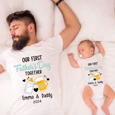 Personliga matchande skjortor för öl och flaskor, skjorta för vår första fars dag tillsammans, bomullsbody, fars- och babyskjorta, farsdagspresent till pappa