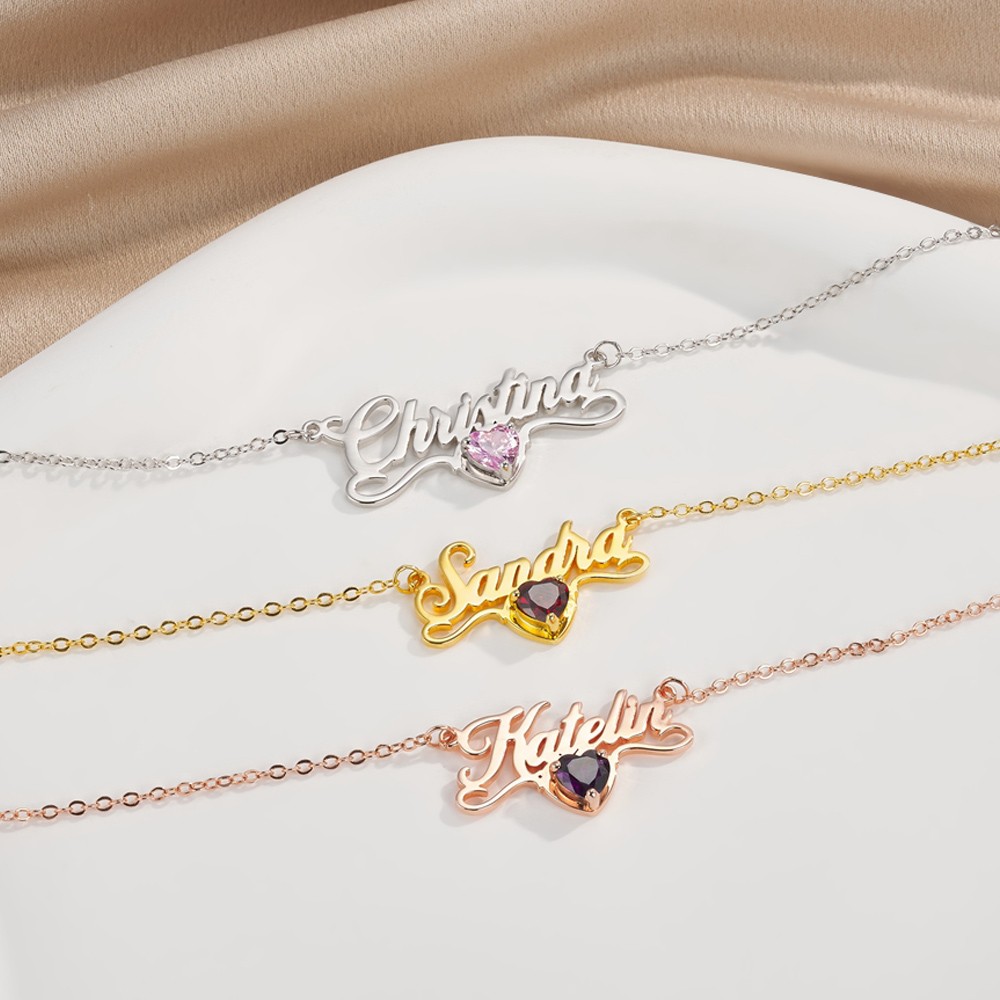 Personalized Name Necklace with Heart Birthstone, Sterling Silver 925 Birthstone Jewelry, Valentine's Day/Anniversary/Christmas Gift for Her