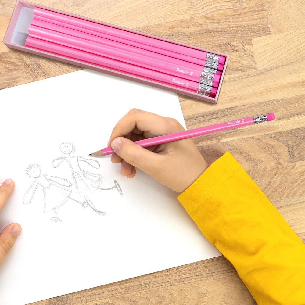 Personalisierte Box mit 12 HB-Bleistiften, individuelle Namens- und Symbolstifte mit Radiergummis, Macaron-Farbschreibstifte, Geschenk zum Schulanfang/Kindertag für Kinder