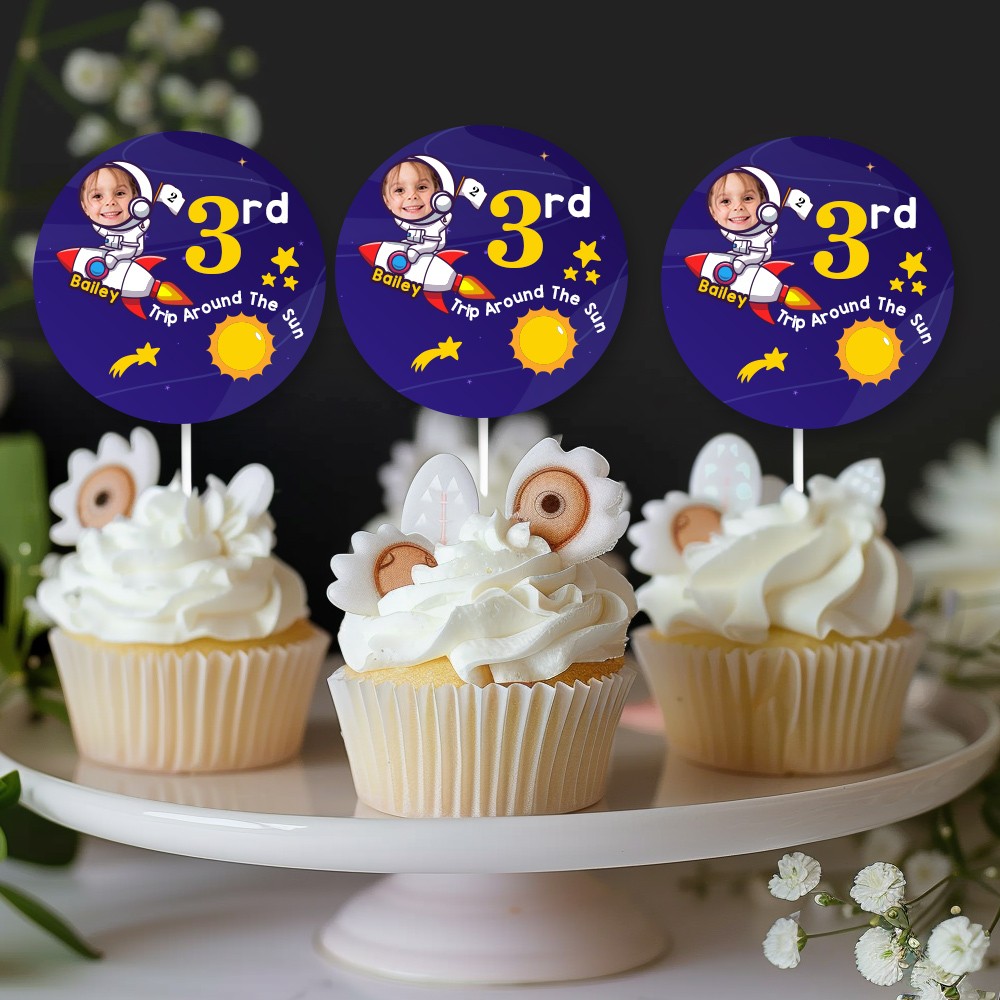 (Set of 12pcs)Personalized Space Cupcake Toppers, Sun And Moon Cupcake Toppers, First Trip Around The Sun, Birthday Cupcake Decorations, The First Birthday Party