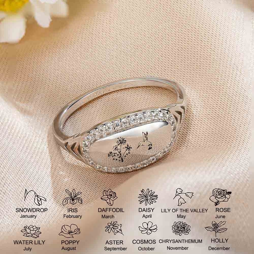 Personalized Sterling Silver Engraved Birth Flower Bouquet Hummingbird Ring with Zirconia, Bird Lover Bird Jewelry, Vintage Ring, Gift for Grandma/Mom