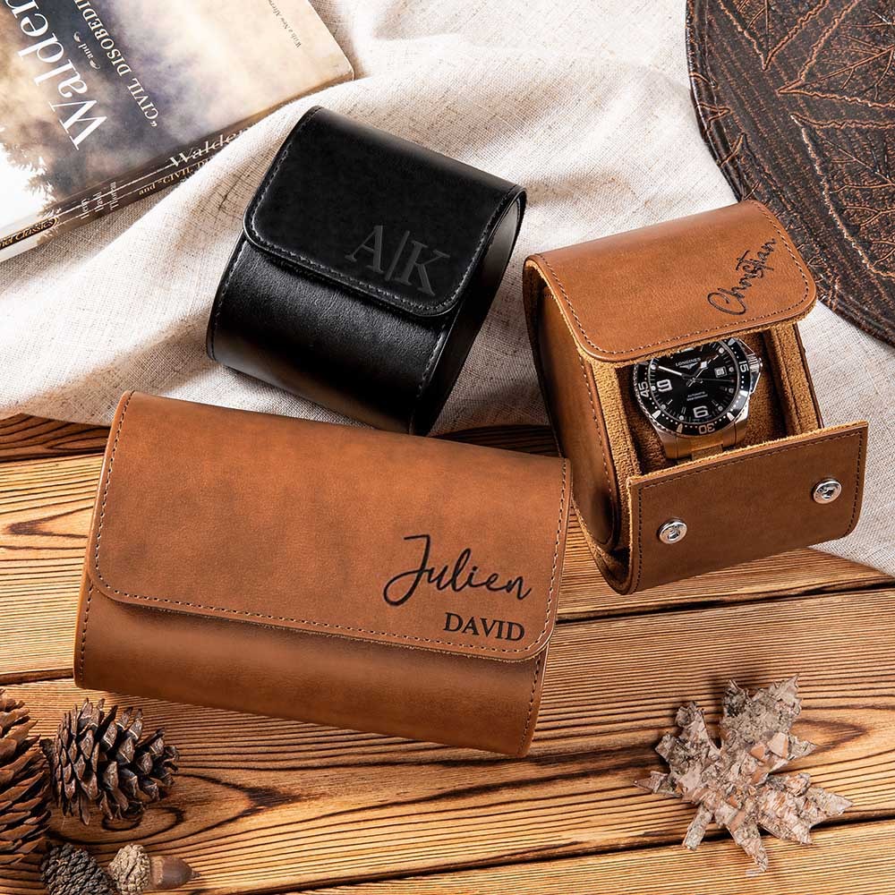 Custom 1-3 Slots Portable Leather Travel Watch Box with Engraved Monogram, Birthday/Father's Day/Wedding Gift for Dad/Him/Groomsmen