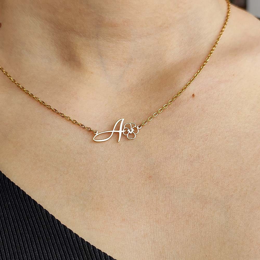 Personalized Birth Flower Jewelry, Custom Initial Charm with Birth Flower, Letter Birth Flower Necklace, Birth Month Initial Pendant