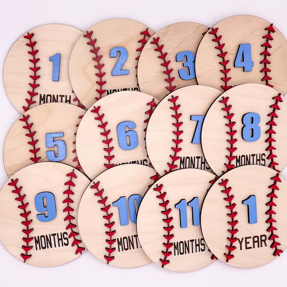Baby Baseball Monthly Wooden Milestone Discs, Announcement Photo Prop Sign with Birth Stats, Personalized Baby Shower Gift