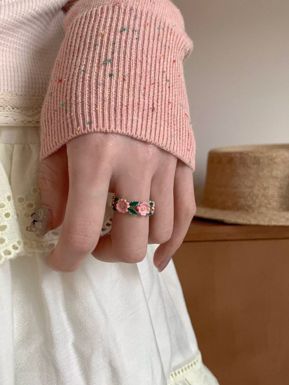 French Vintage Enamel Rose Ring, Unique, Exquisite, High-End Design for Women