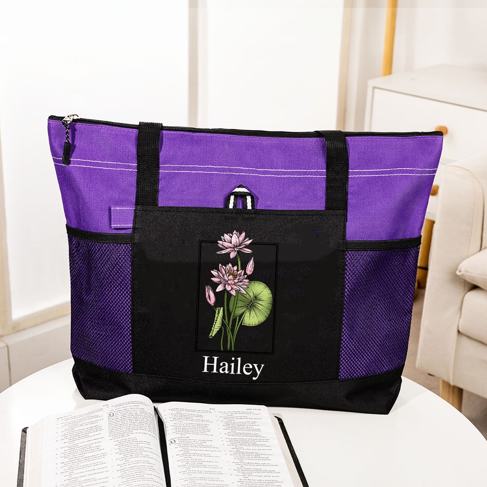 Custom Name Birth Flower Tote Bag, Large Capacity Oxford Cloth Tote Bag with Mesh Pocket, Women's Shopping Bag, Birthday/Mother's Day Gift for Mom/Her