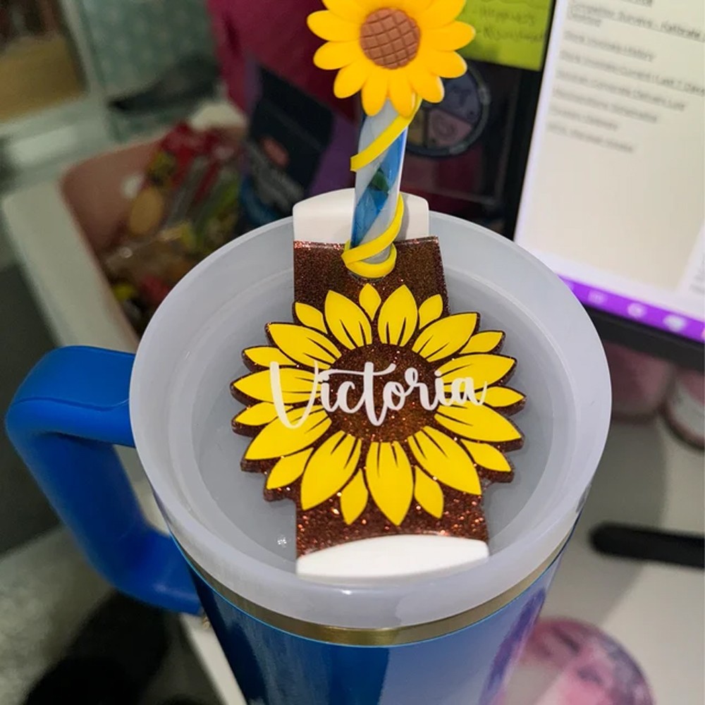 Sunflower 30oz, 40oz Tumbler Name Tag, Personalized Tag for 40 oz Tumbler, Acrylic Glitter Design, Custom Tumbler Tags