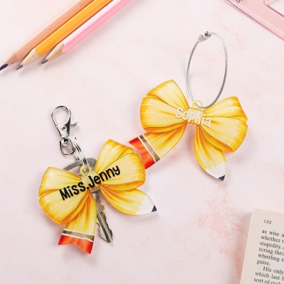 Personalized Cute Bow Pencil Keychain, Custom Name Acrylic Bag Tag, Back to School/Graduation Season/Teacher's Day Gift for Teacher/Student/Her