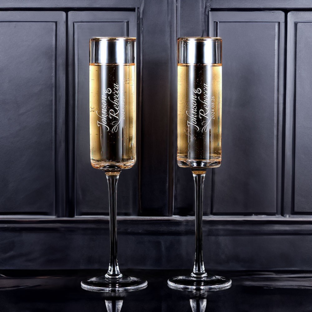 (Set of 2)Custom Engraved Champagne Flutes, Gold Rim Champagne Glasses with Names Date Logo, Bachelor Party Favors, Wedding Gifts for Couple/Guests