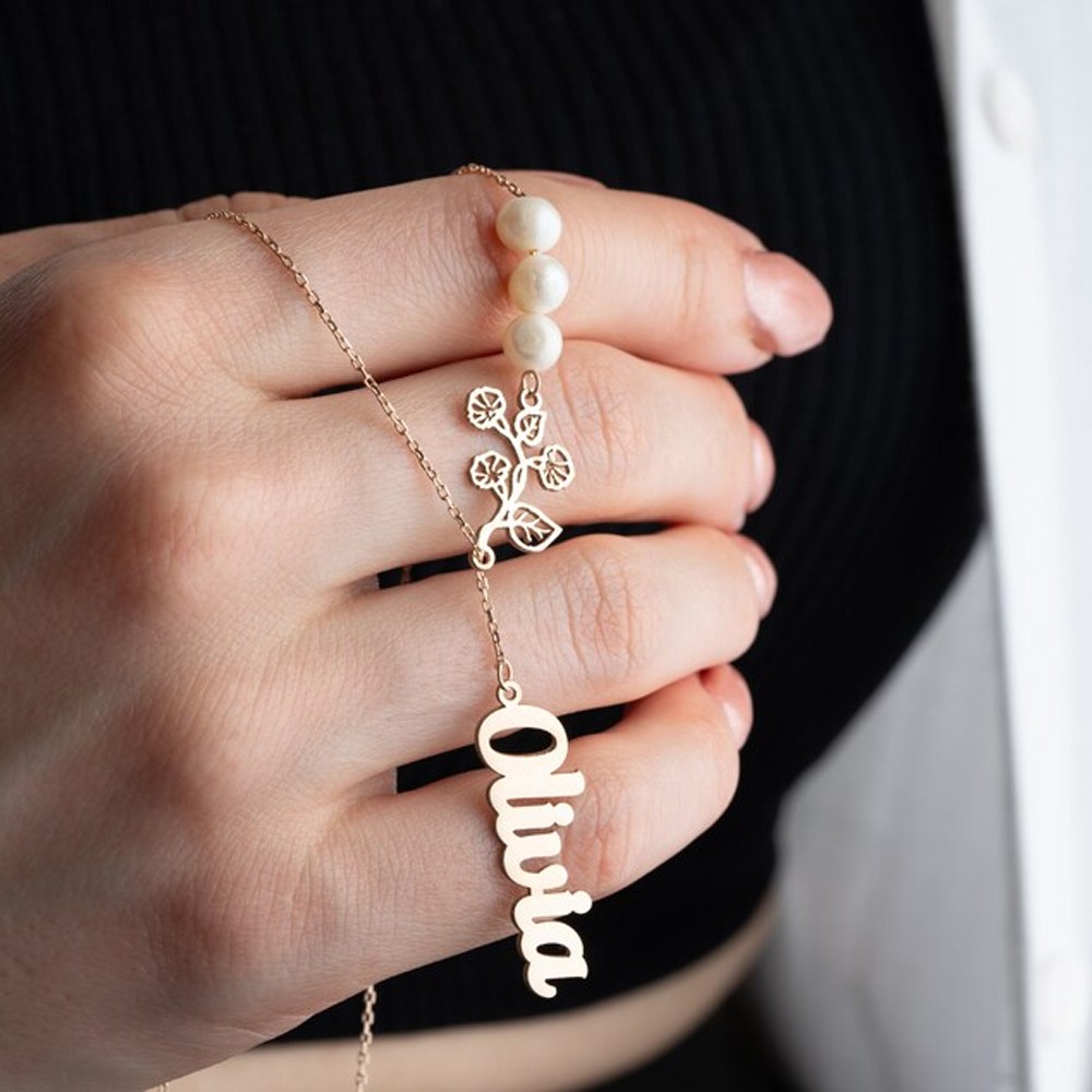 Personalized Birth Flower Pearl Lariat Name Necklace, Pearl Celestial Pendant, Unique Birth Flower Pearl Lariat Necklace