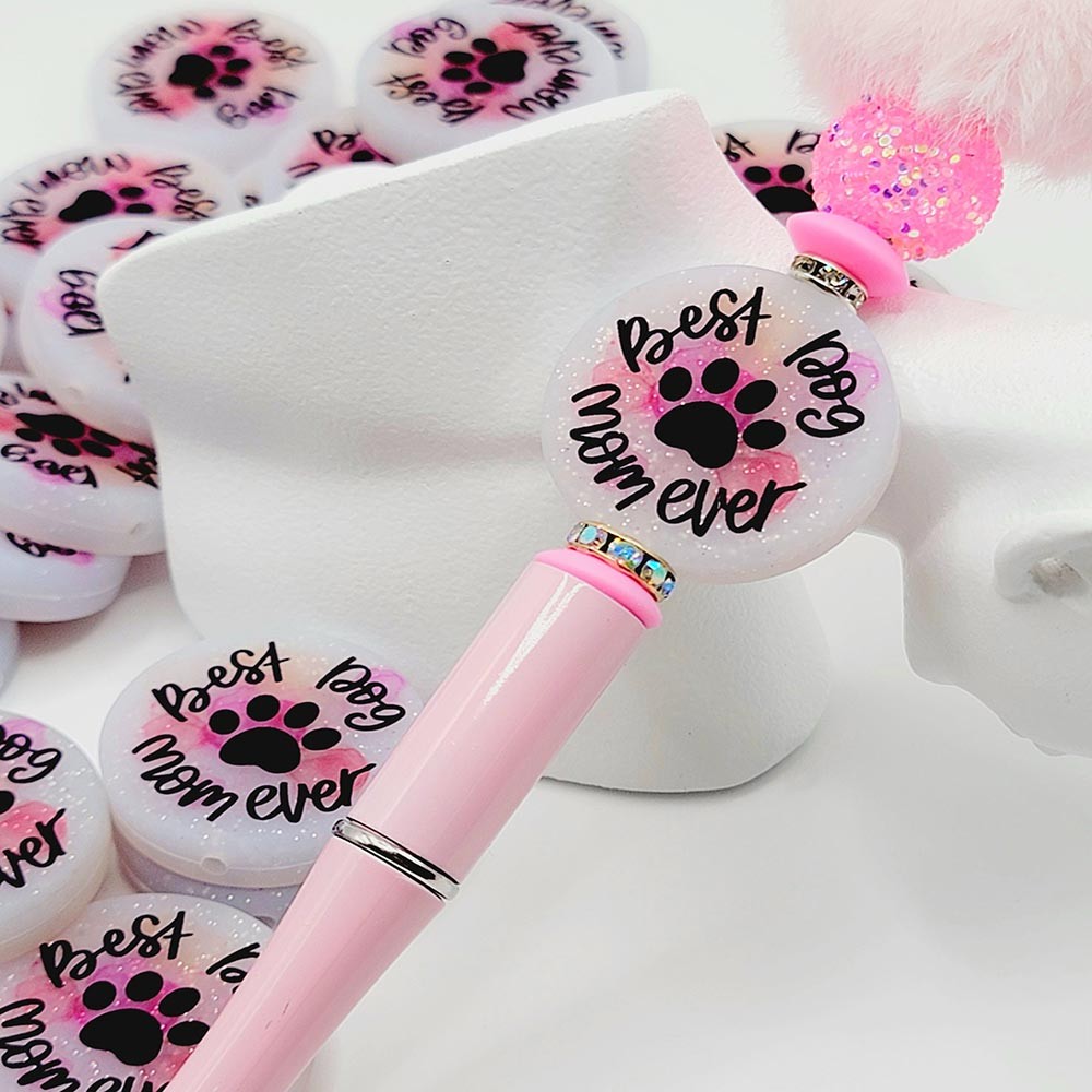 (Set of 2)Dog Mom Focal Bead, Best Dog Mom Silicone Bead, Pet Lover Focal Bead, Keychain Bead, Pawprint Pen Bead, Dog Focals, Glitter Beads
