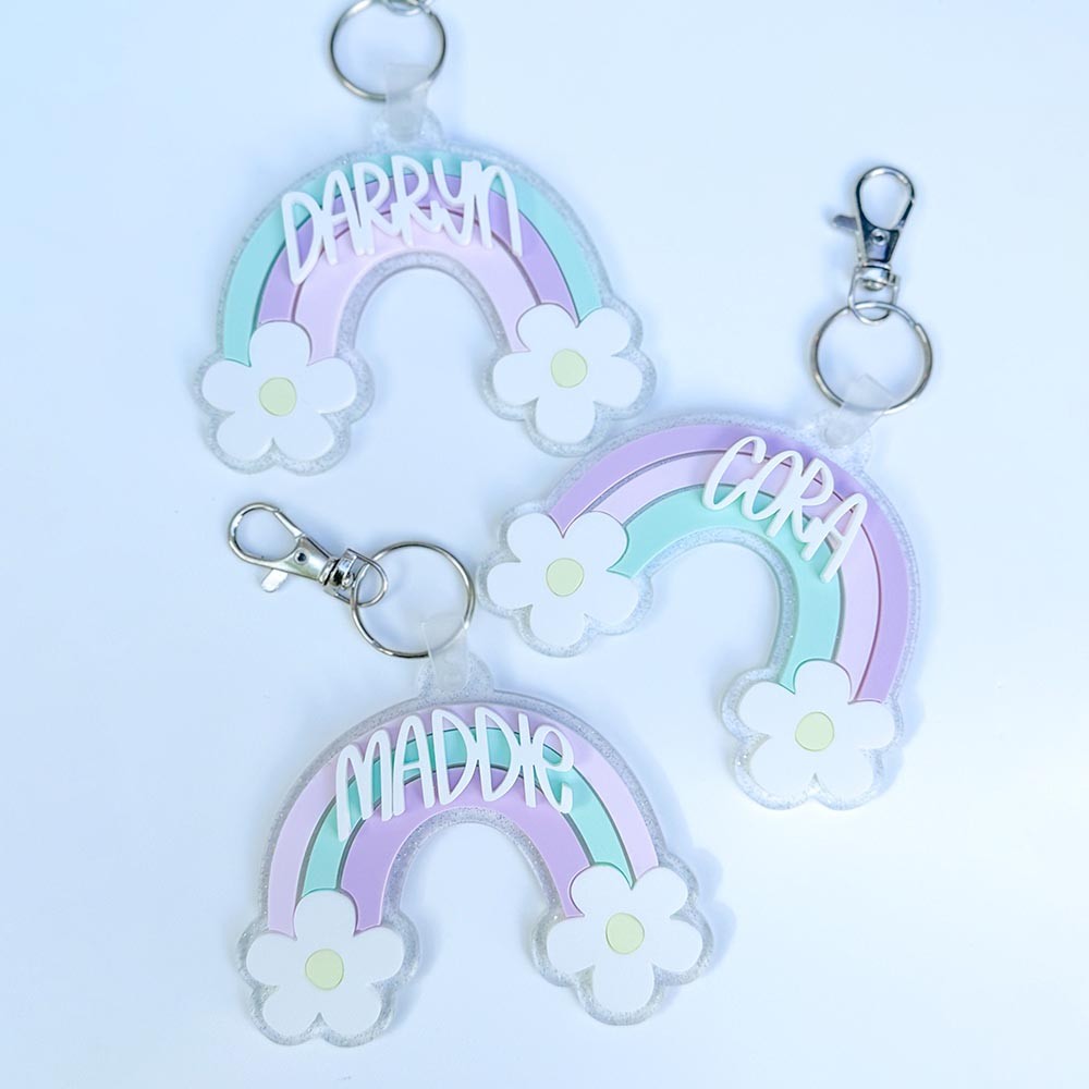 Rainbow Backpack Name Tag, Acrylic Keychain, Personalized Acrylic Name Tag, Diaper Bag Tag, Lunch Box Tag, Kids Tag