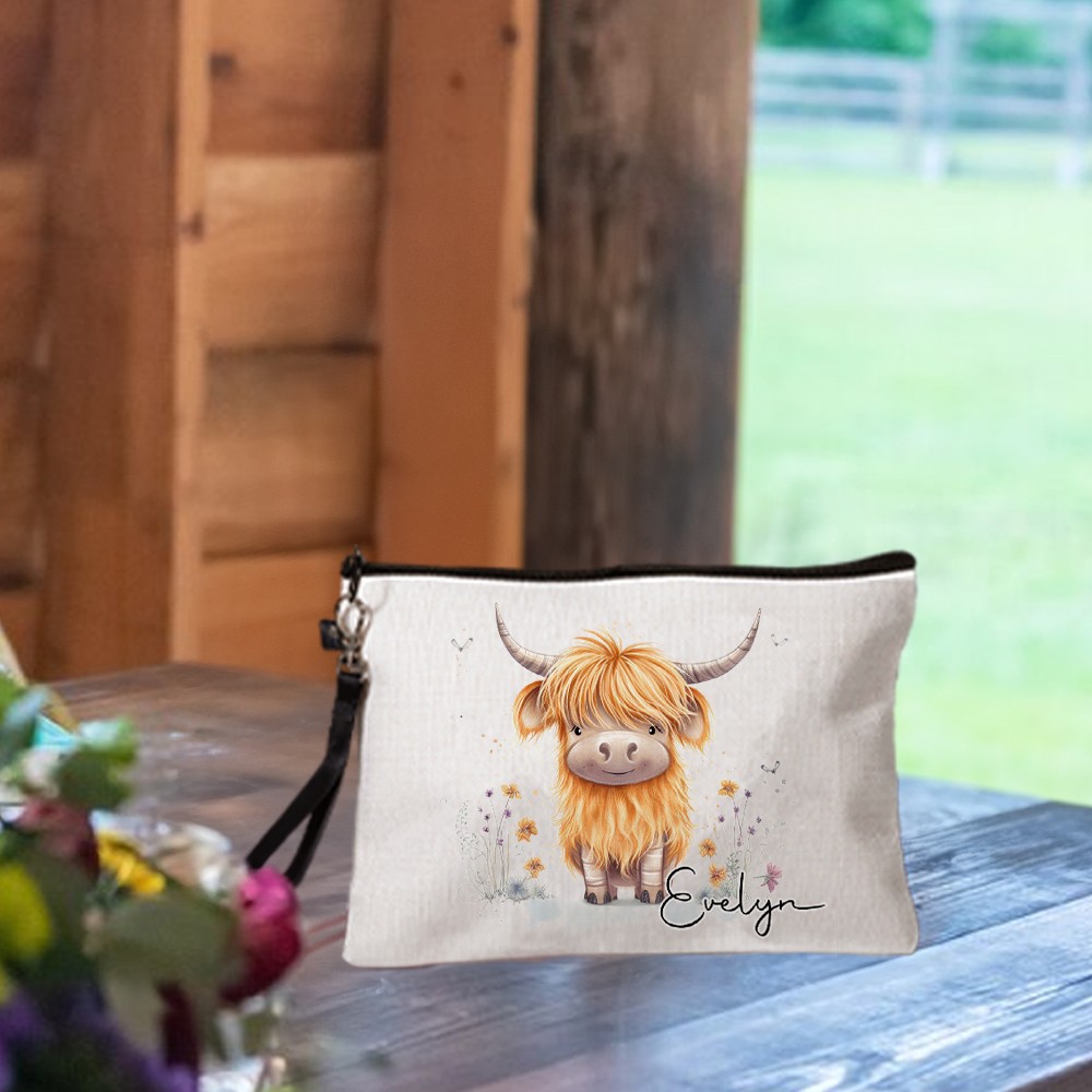 Highland Cow Floral Makeup Bag