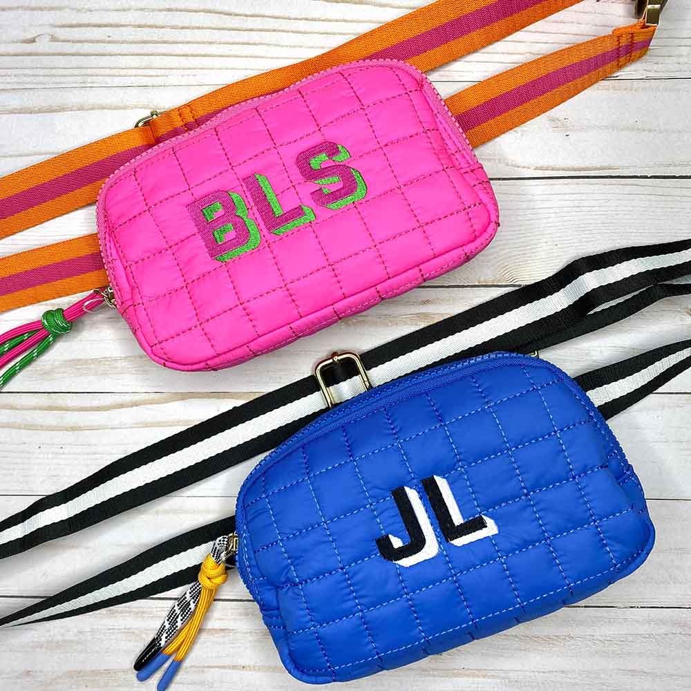 Personalized Monogrammed Embroidered Crossbody, Baseball Striped Strap Puffer Belt Bag, Quilted Fanny Pack, Mom Birthday Sideline School