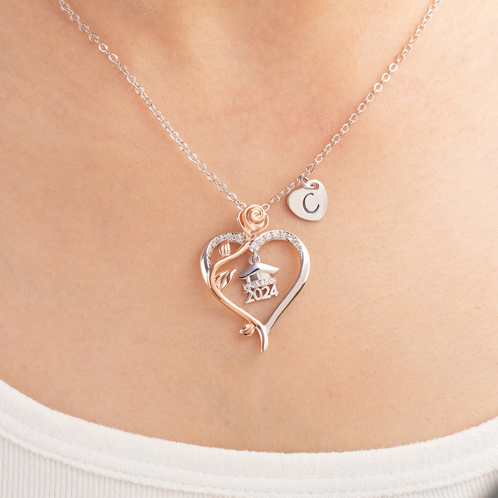 925 Sterling Silver Rose Heart Initial Necklace