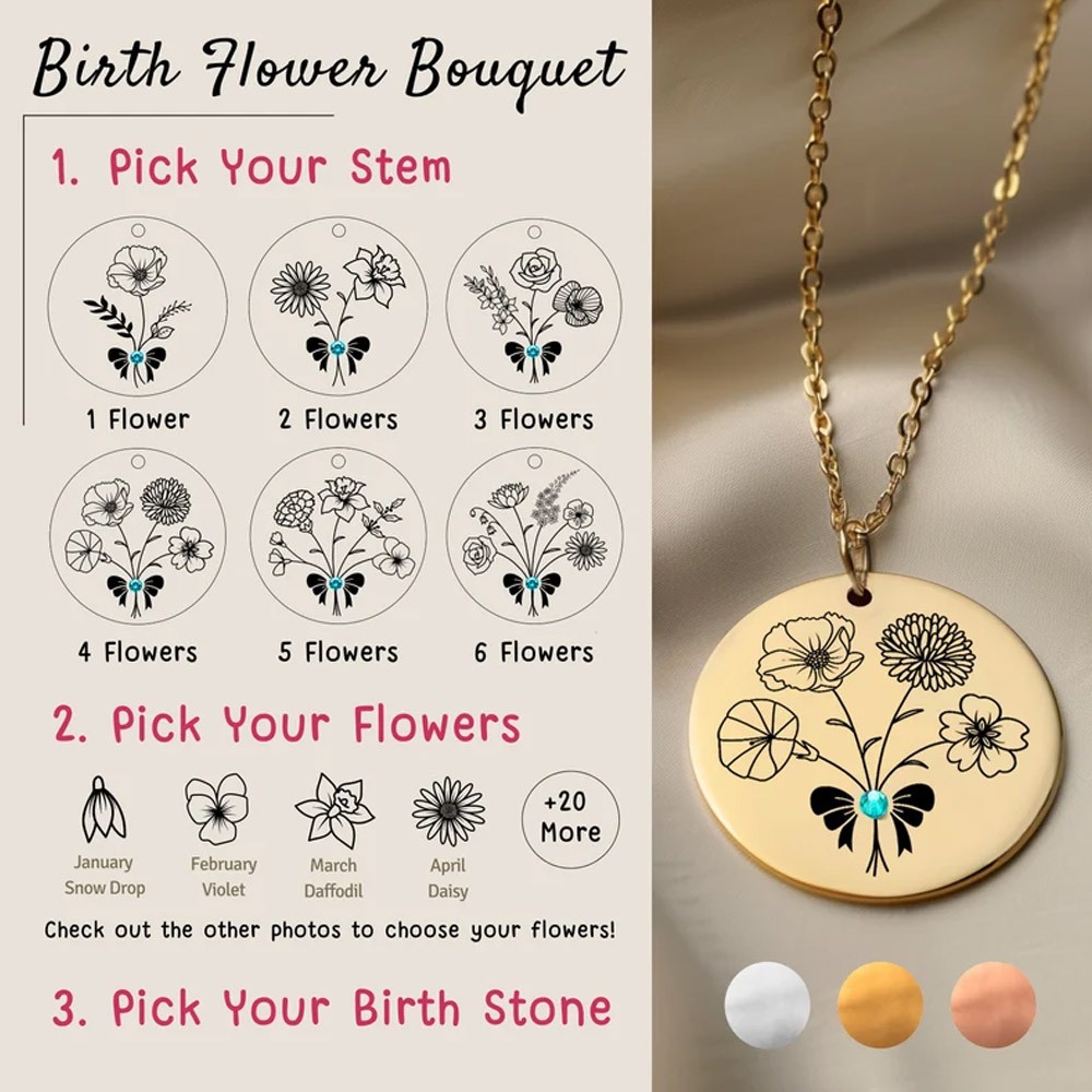 Personalized Birth Flower Bouquet Necklace, Engraved Name Unique Family Necklace, Christmas/Mother's Day/Birthday Gift for Her