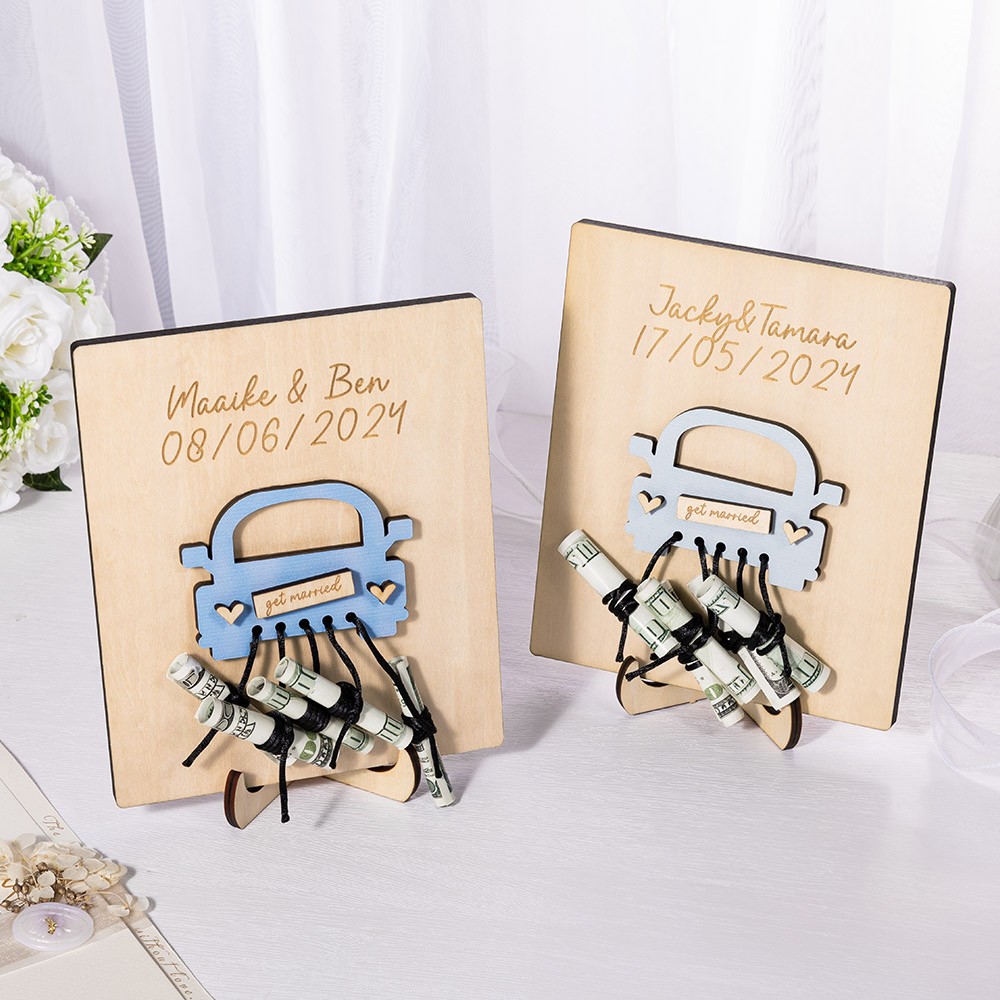 Personalized Name Wooden Wedding Car Money Holder, Custom Bridal Party Favor Table Party Decoration, Wedding Gift for Couple/Newlyweds