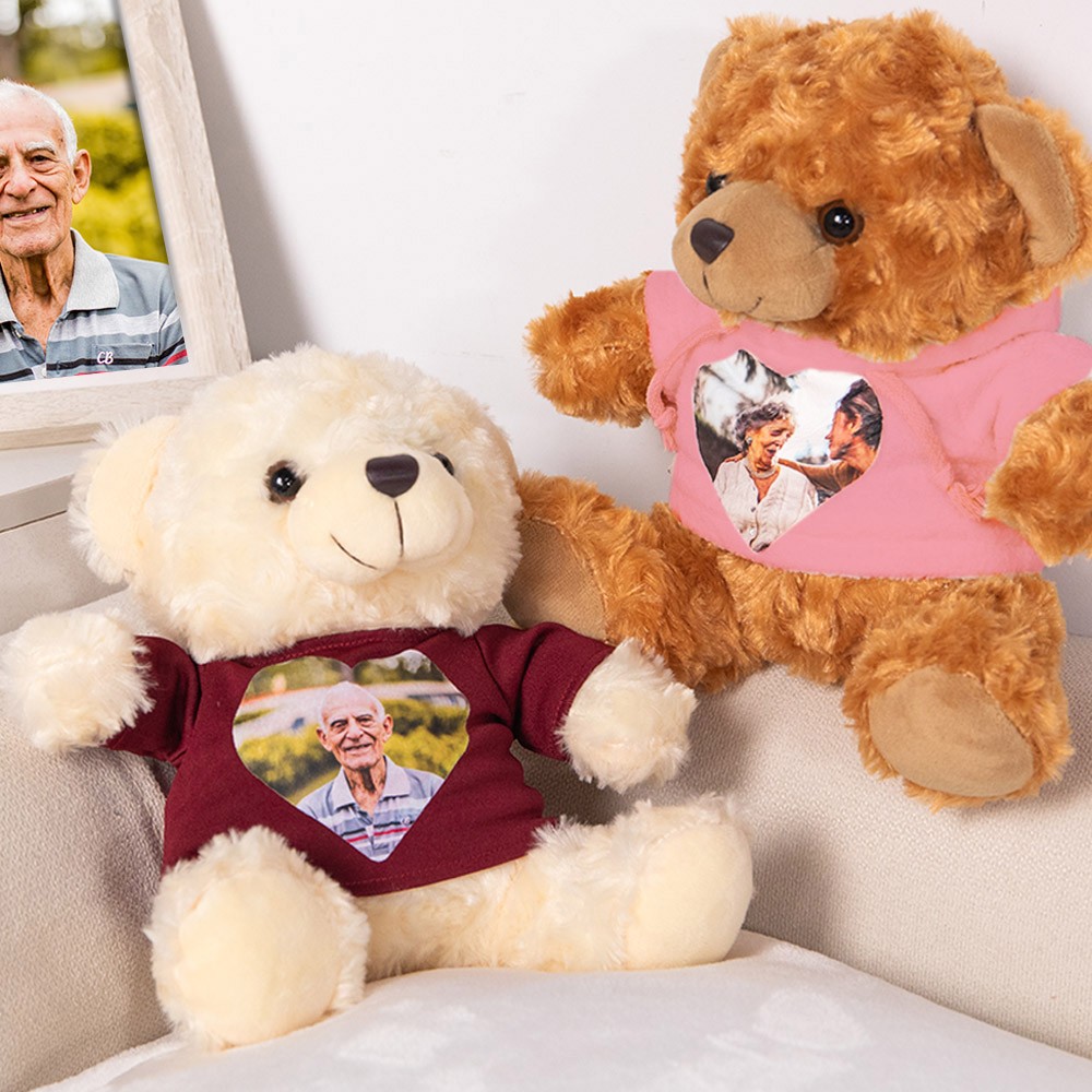 Personalized Cute Plush Stuffed Memory Bear With Heart Photo Shirt or Hoodie, Picture Teddy Bear, Memorial Anniversary Gift for Family Friend