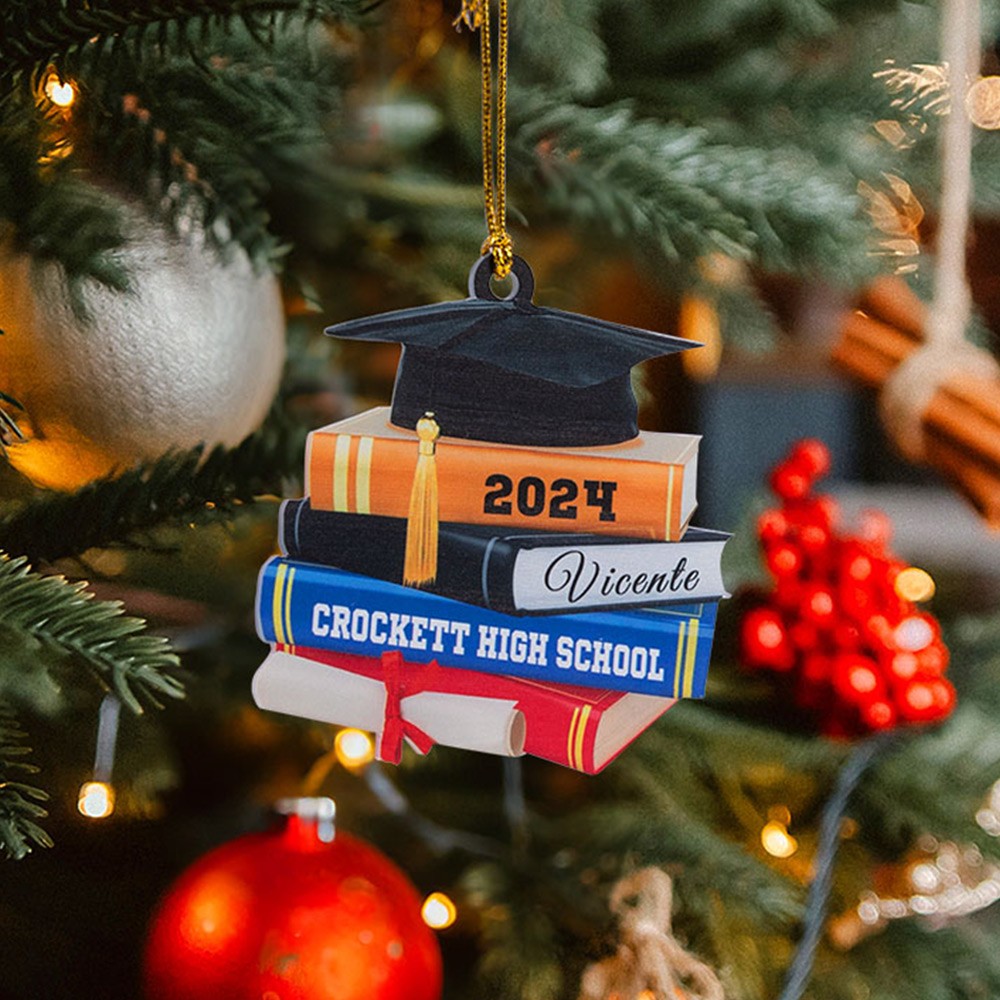 Personalisiertes Abschlussmützen-Ornament mit Büchern, Weihnachtsschmuck für die Klasse 2024, Weihnachts-/Abschlussgeschenk für College/Absolvent