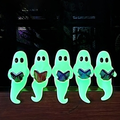 Pet Ghost Reading a Book, Miniature Shelf Sitter Figurine, Handmade Halloween Decoration, Spooky Cute Glow in the Dark