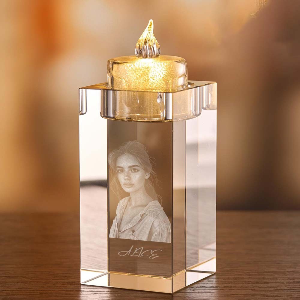 Personalized Photo Candle Holder, Laser Engraved Picture Crystal Tea Light Holder, Memorial Candle Votive, Portrait Gift for Her/Him