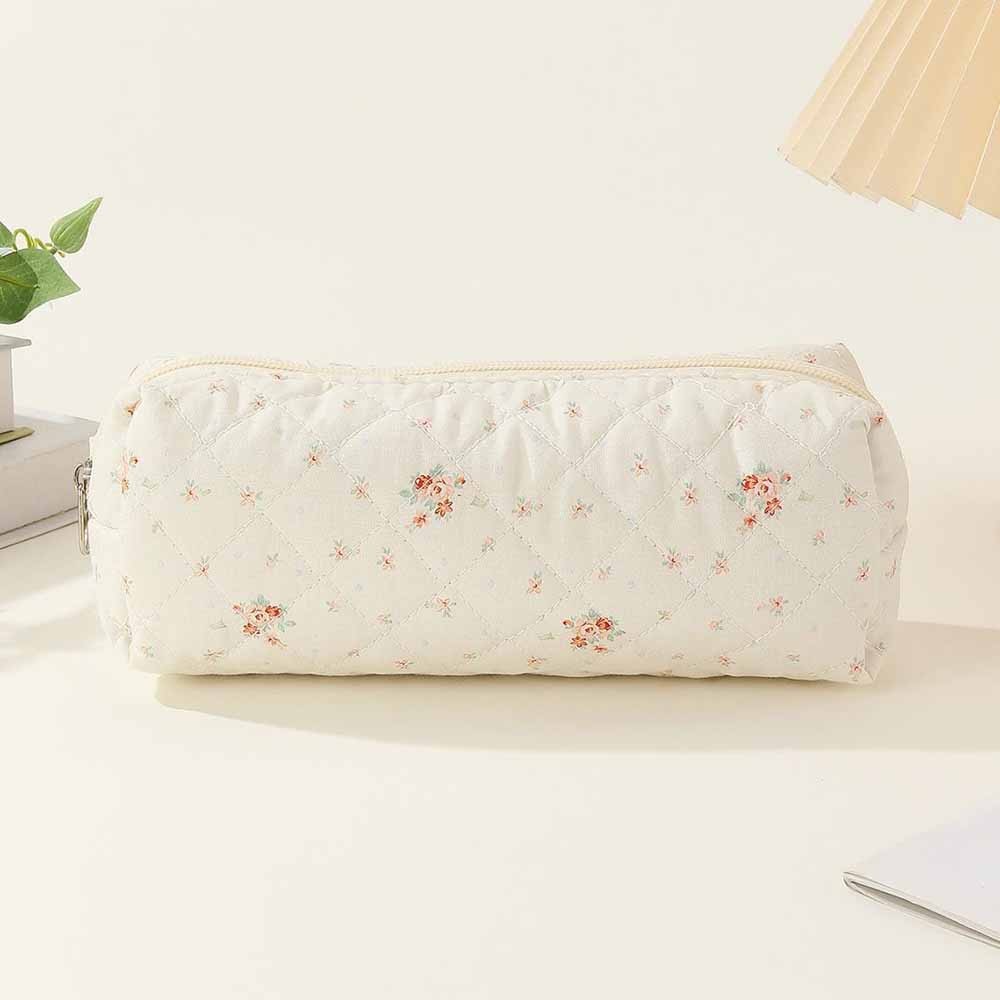 Personalized Name Plaid Floral Quilted Cotton Pencil Case, Cute Creamy Blue Cosmetic Bag, Small Capacity Makeup Bag, Embroidered Makeup Bag