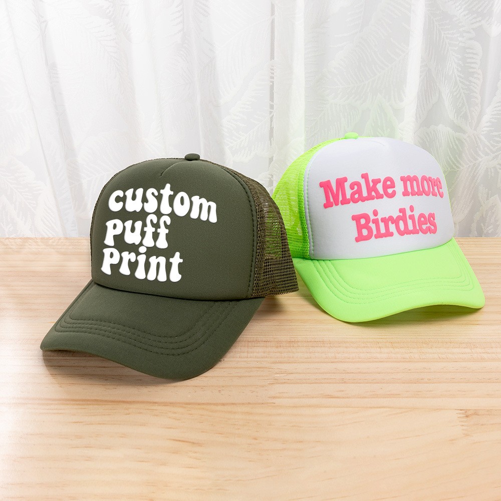 Trucker-Mütze mit PUFF-Print, personalisierte Schaumstoffmütze, 3D-Puff-Print, Baseball-Kappe, Trucker-Mütze mit Netzrücken, 5-Panel-Mütze