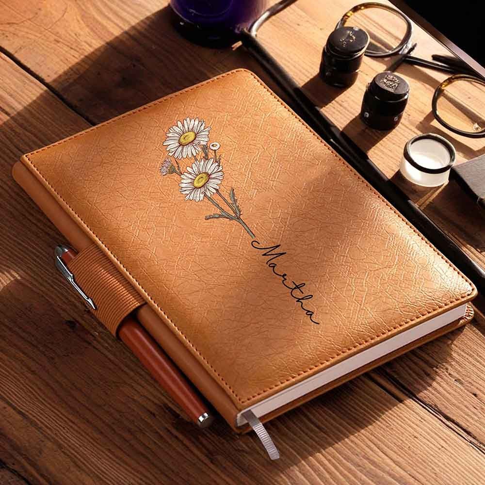 Custom Name Birth Flower Notebook, Personalized Birthday Flower Diary, Notebook with Pen Holder, Customized Name Diary, Birthday Gift