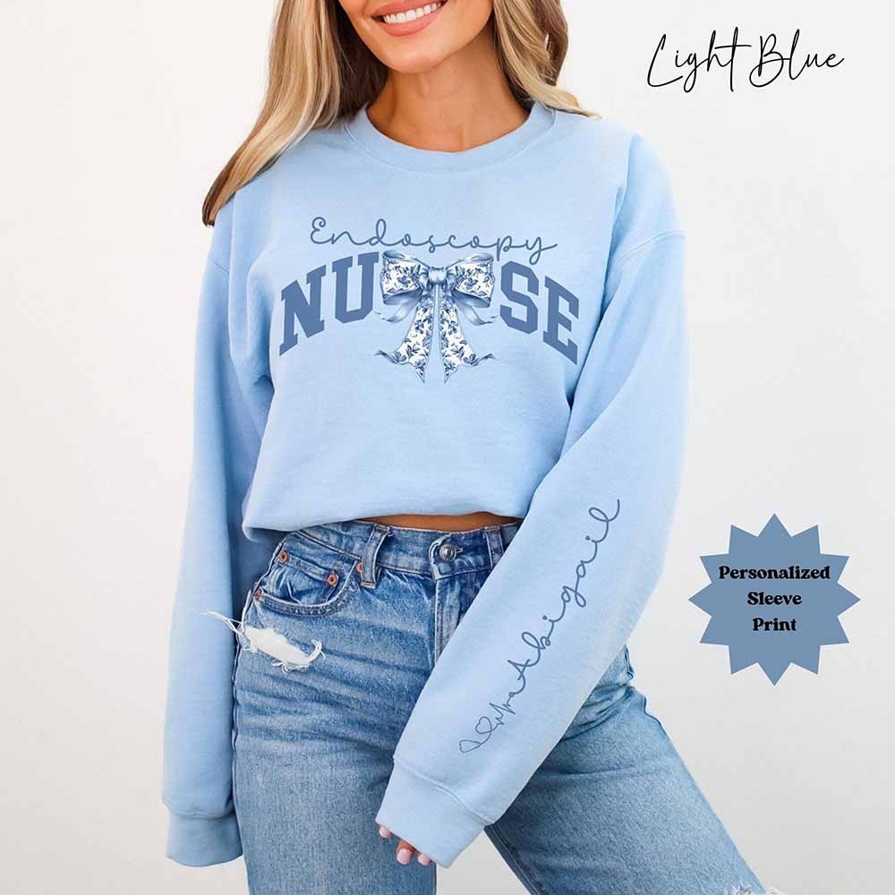 Personalized Endoscopy Nurse Bow Sweatshirt, Endoscopy Nurse Shirt, Endoscopy Shirt, Blue Ribbon Sweater, Endoscopy Gift, Endoscopy RN Shirt