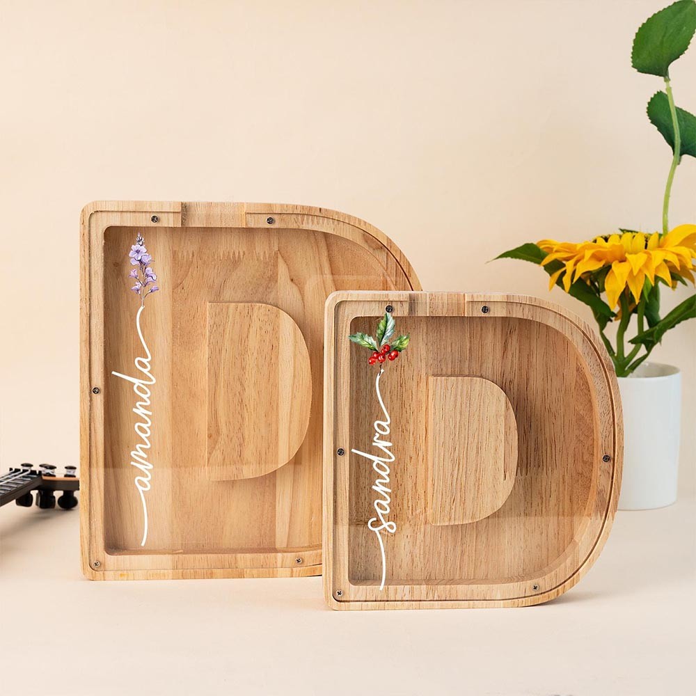 Personalized Name Letter Piggy Bank with Birth Flower, Kids Wooden Money Box, Custom Initial Coin Bank, Birthday Gift, Xmas Gift for Child/Baby