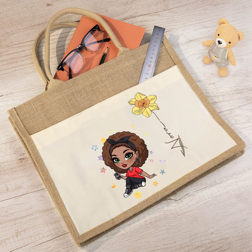 Personalized Fashion Girl Jute Bag with Birth Flower & Name, Large Capacity Burlap Tote Bag, Shopping Bag, Birthday/Christmas Gift for Women/Girls