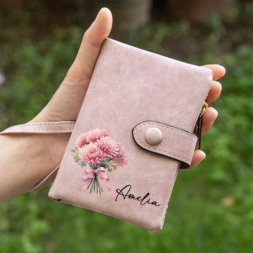 Personalized Name Birth Flower Wallet, PU Leather Card Holder with Wrist Strap, Birthday/Mother's Day/Wedding Gift for Her/Mom/Grandma/Bridesmaids