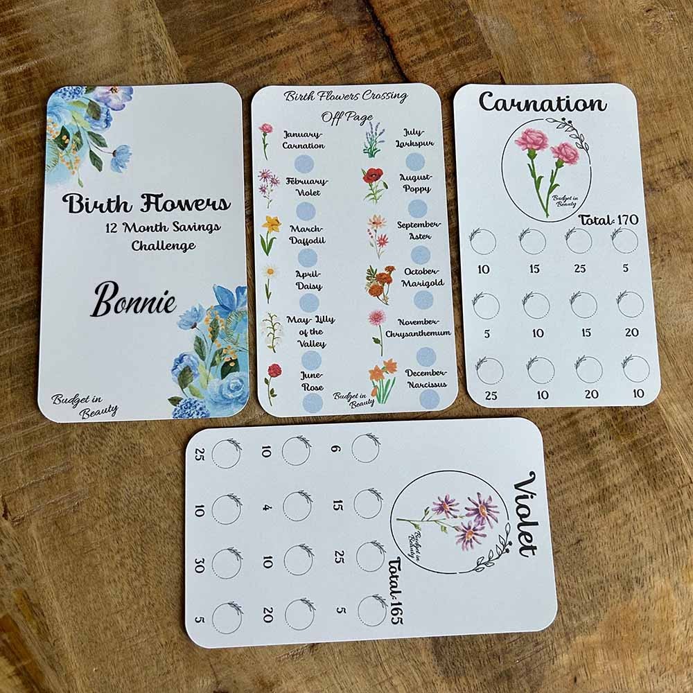 Personalized Birth Flower Name 12 Month Savings Challenge Bundle, A6 Size Cash Challenge Planner, Budget Goals for Cash Stuffing