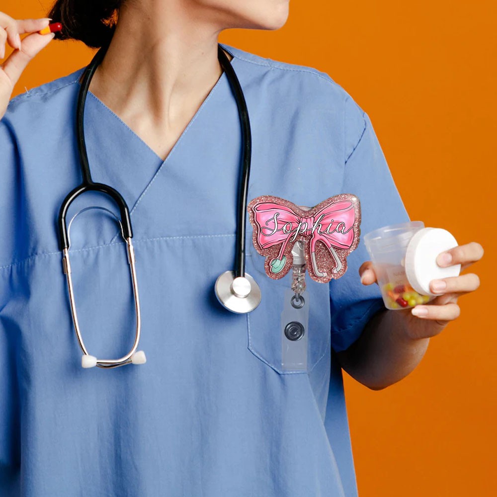 Personalized Name Stethoscope Pink Bow Badge Reel, Coquette Bow Badge Reel, Gift for Nurse Medical Student Healthcare Worker