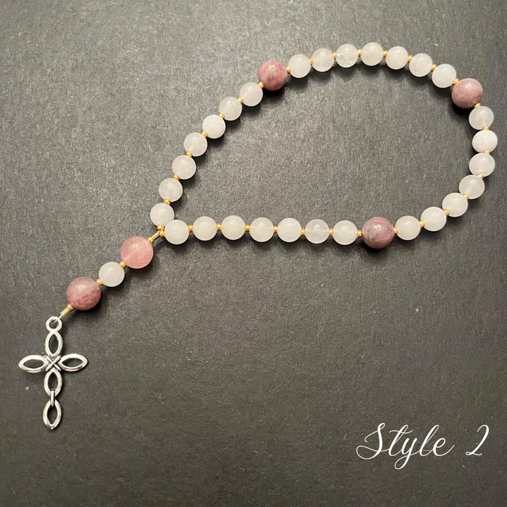 Pink Opal (October Birthstone) & White Jade Protestant Prayer Beads, Episcopal, Methodist, Anglican Rosary