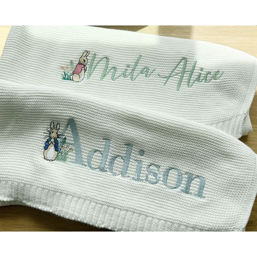 Personalized Knit Baby Blanket, Hospital Newborn Baby Shower Gift, Easter Blanket, Easter Basket, Peter Rabbit Nursery, Bunny Monogram